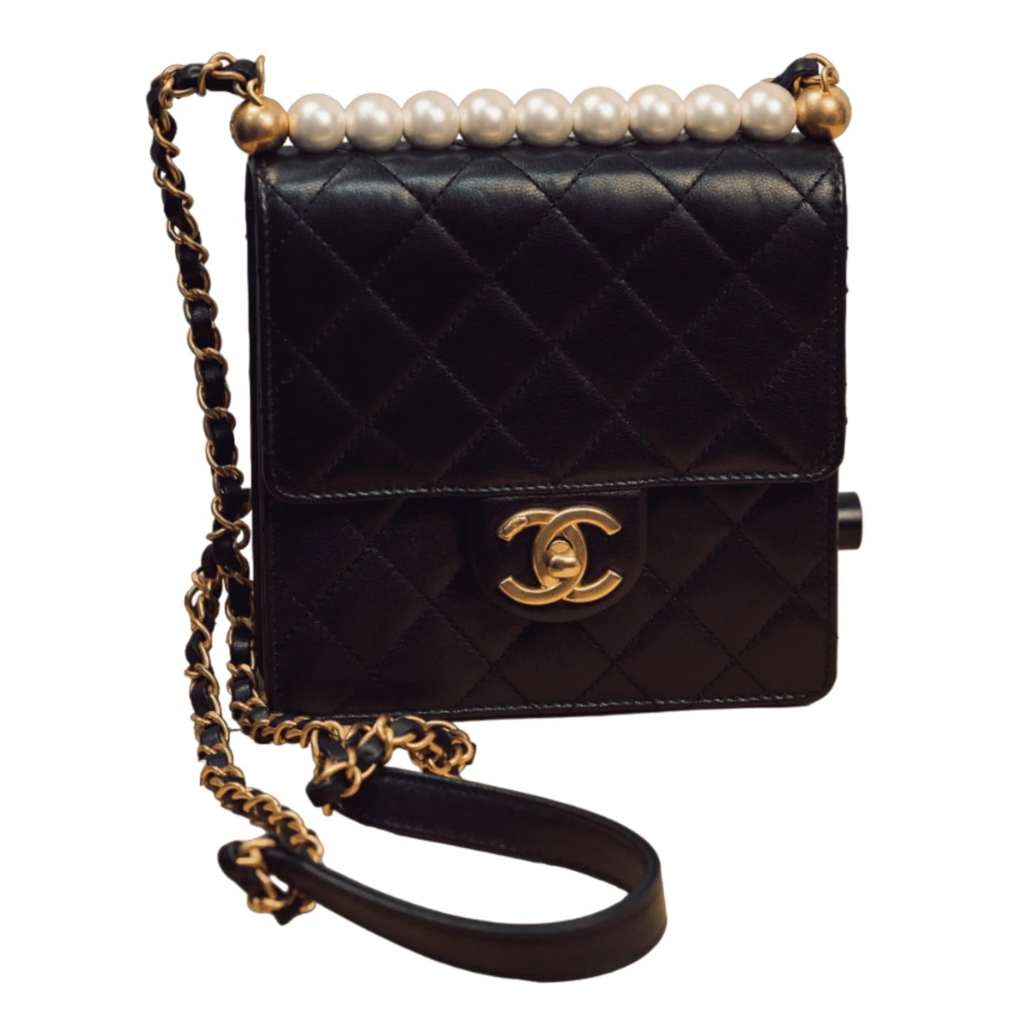 Chanel Black Quilted Lambskin Small Chic Pearls Gold Hardware Bag