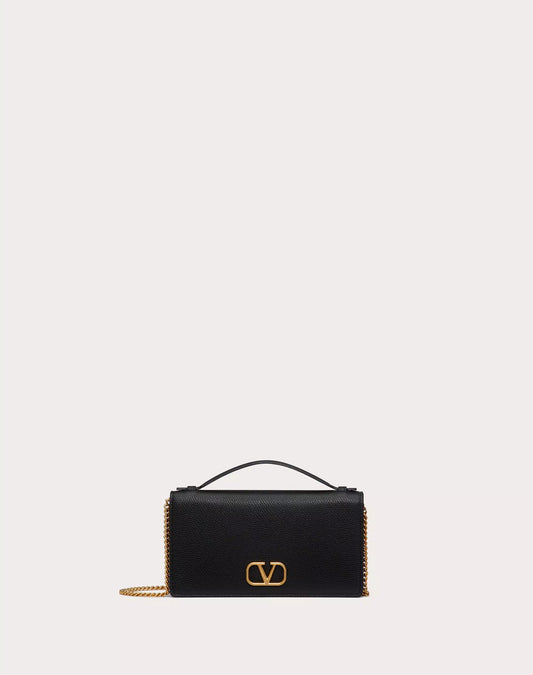 Valentino Vlogo Signature Grainy Calfskin Wallet With Chain