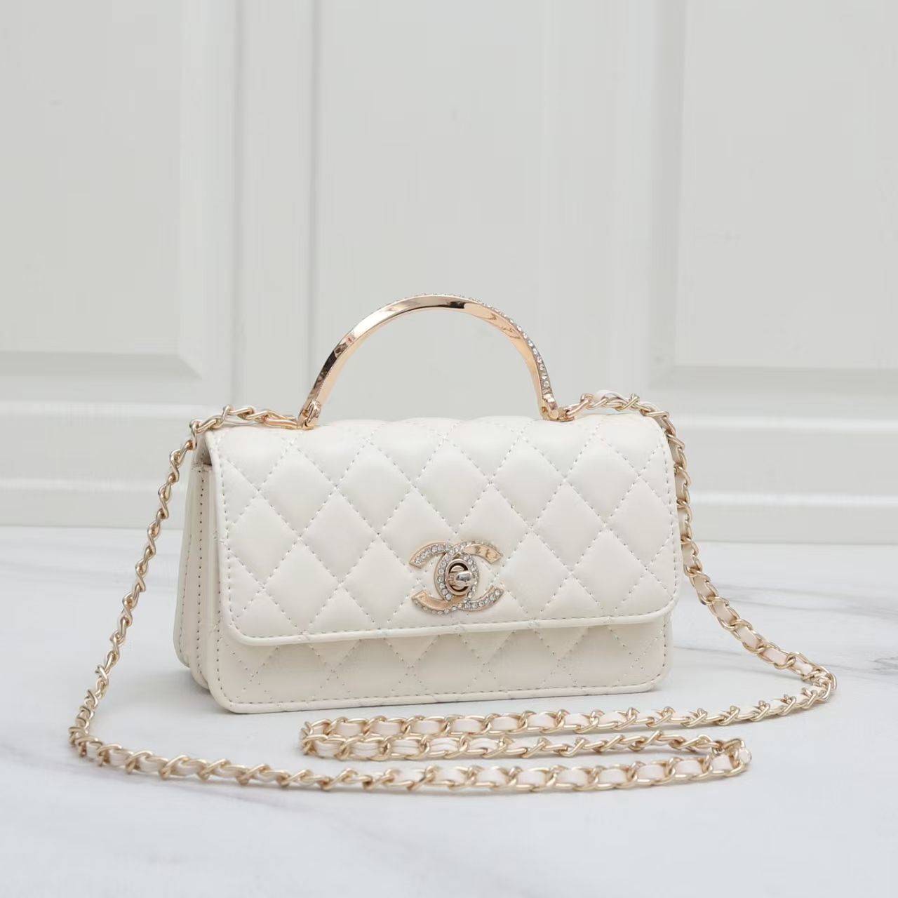 Chanel  Chanel White Lambskin Leather CC Trendy Top Handle Bag