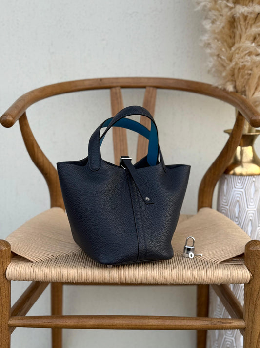 Hermes Vert Cypress Taurillon Clemence Leather Picotin Lock - Bleu nuit/Black/Blue Zanzibar